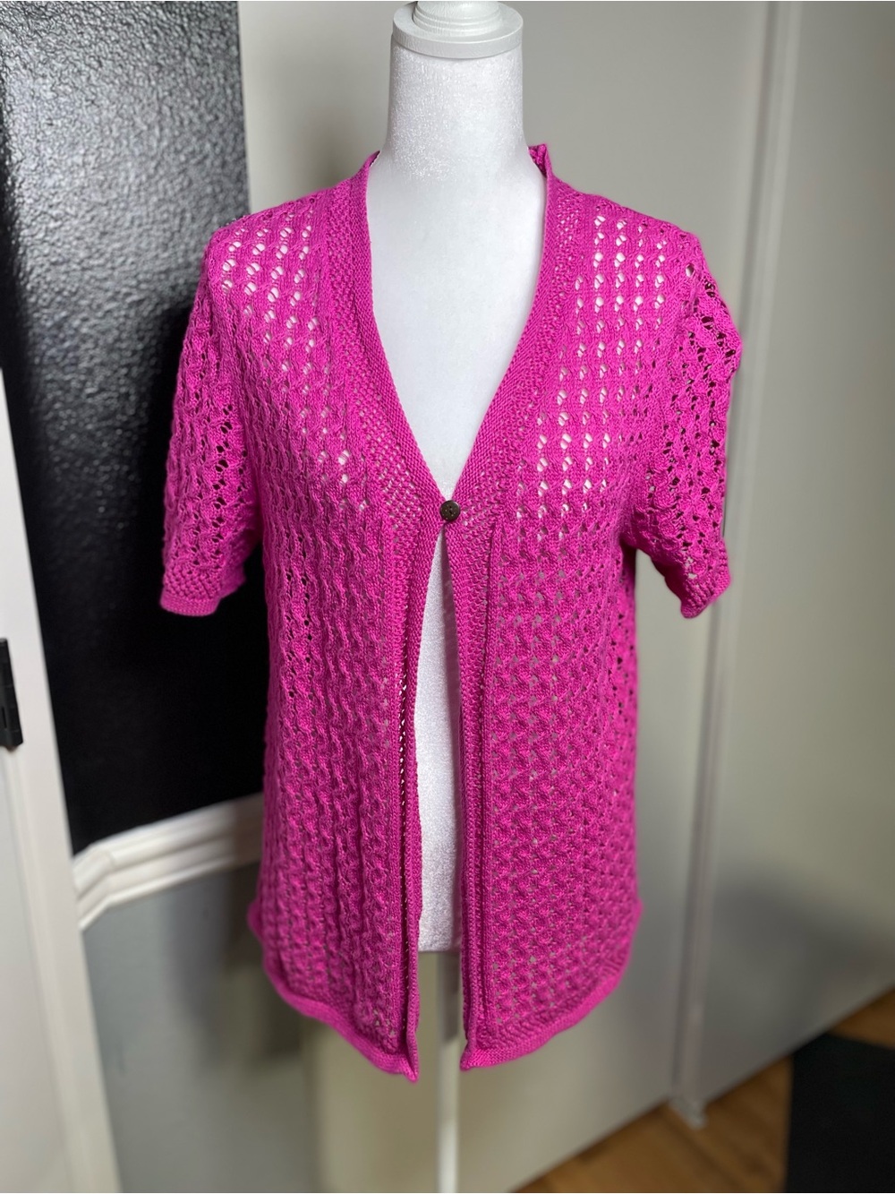 Sag Harbor Open-Knit Short Sleeve Cardigan in Bright Magenta